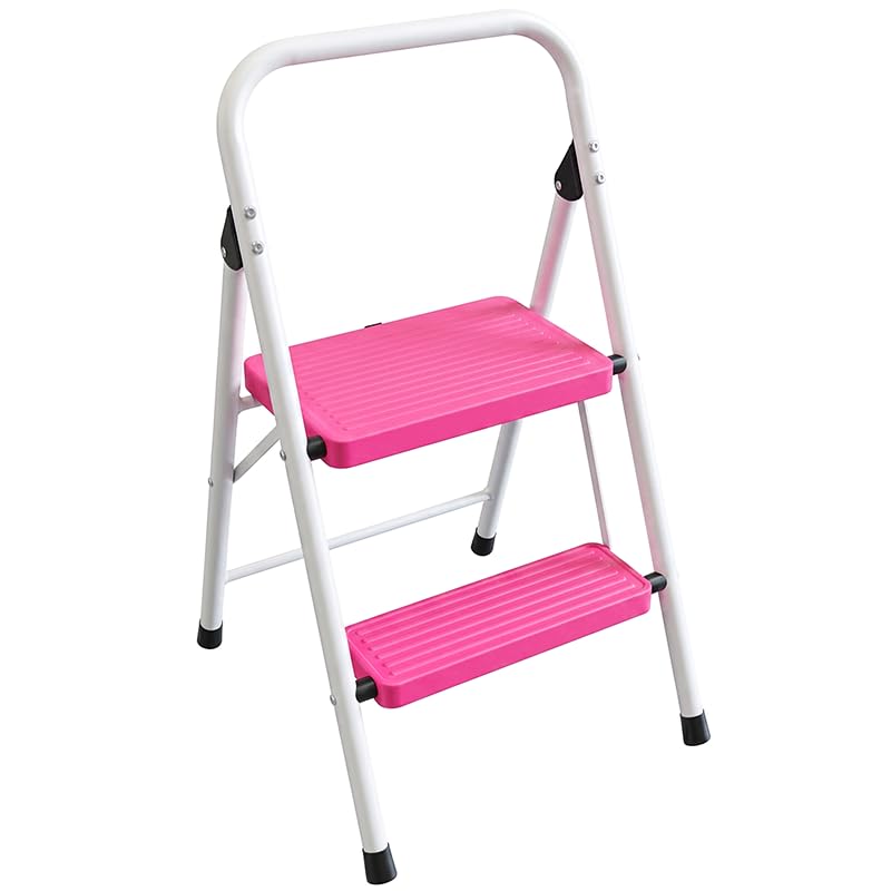 2 Step Stool Folding Anti-Slip Lightweight Steel 330LBS Pink I4751