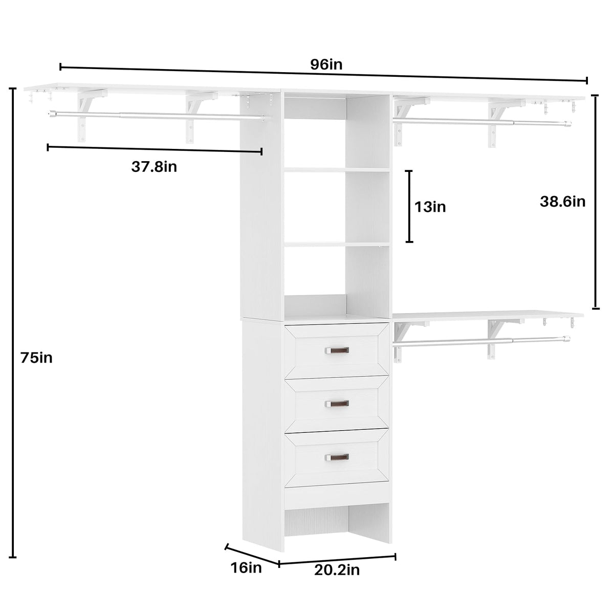 8FT White Wooden Closet System with 3 Drawers and 3 Hanging Rods P715059