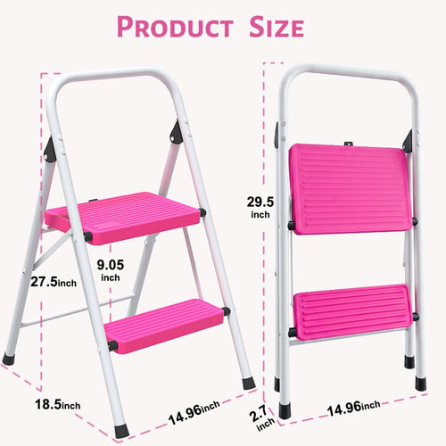 2 Step Stool Folding Anti-Slip Lightweight Steel 330LBS Pink I4751