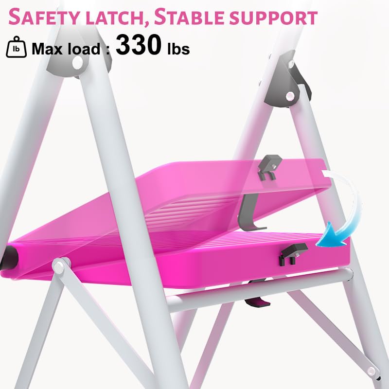 2 Step Stool Folding Anti-Slip Lightweight Steel 330LBS Pink I4751