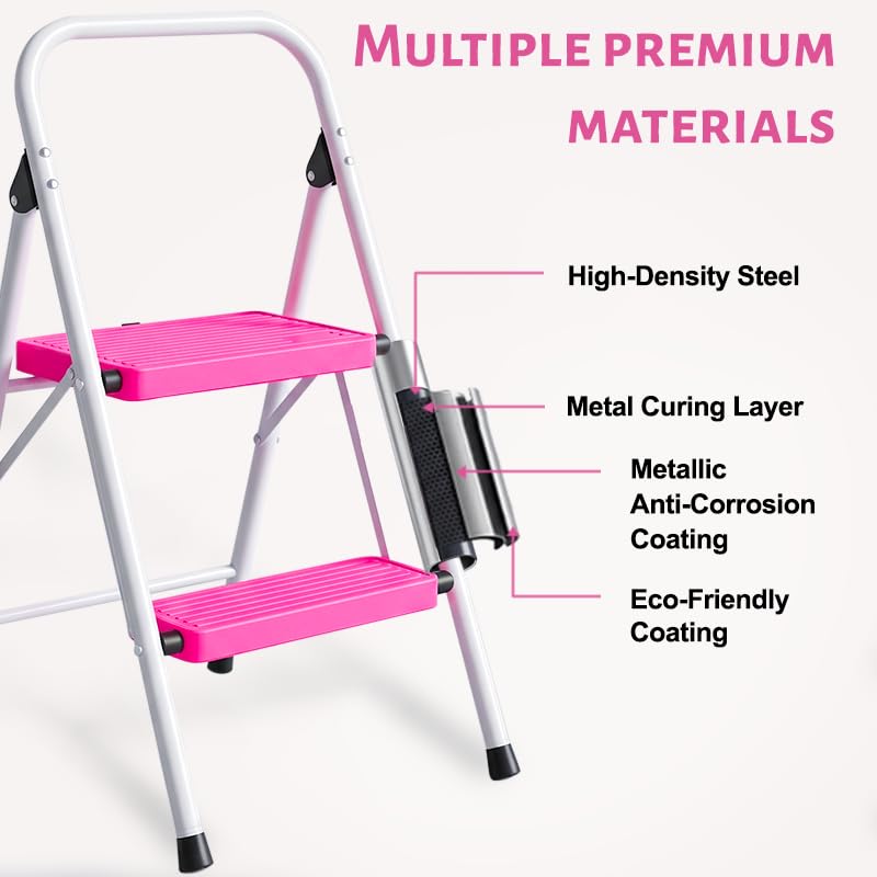 2 Step Stool Folding Anti-Slip Lightweight Steel 330LBS Pink I4751