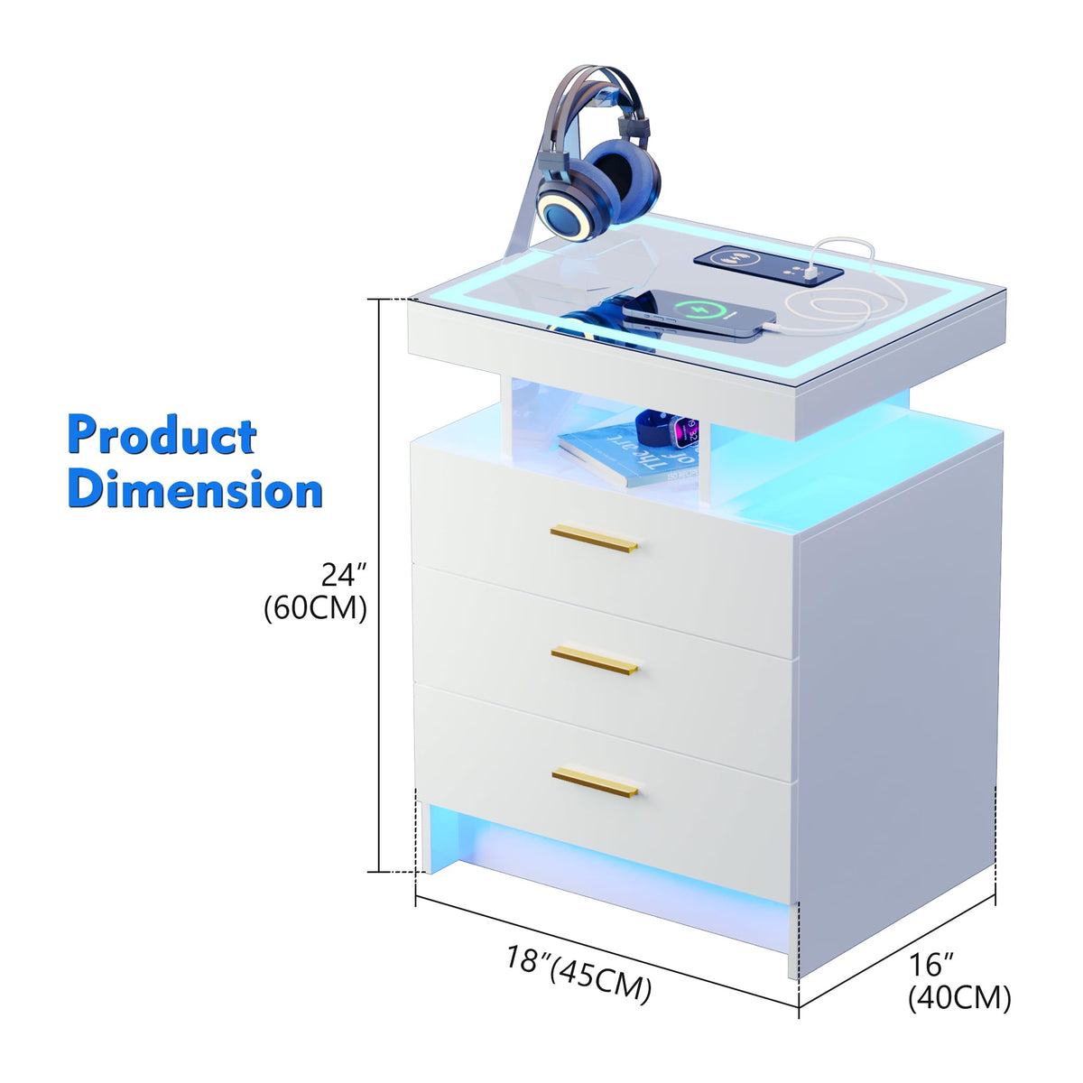 White LED Nightstand with Wireless Charging Station Q8368