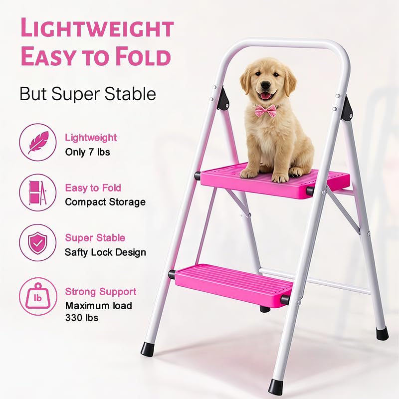 2 Step Stool Folding Anti-Slip Lightweight Steel 330LBS Pink I4751
