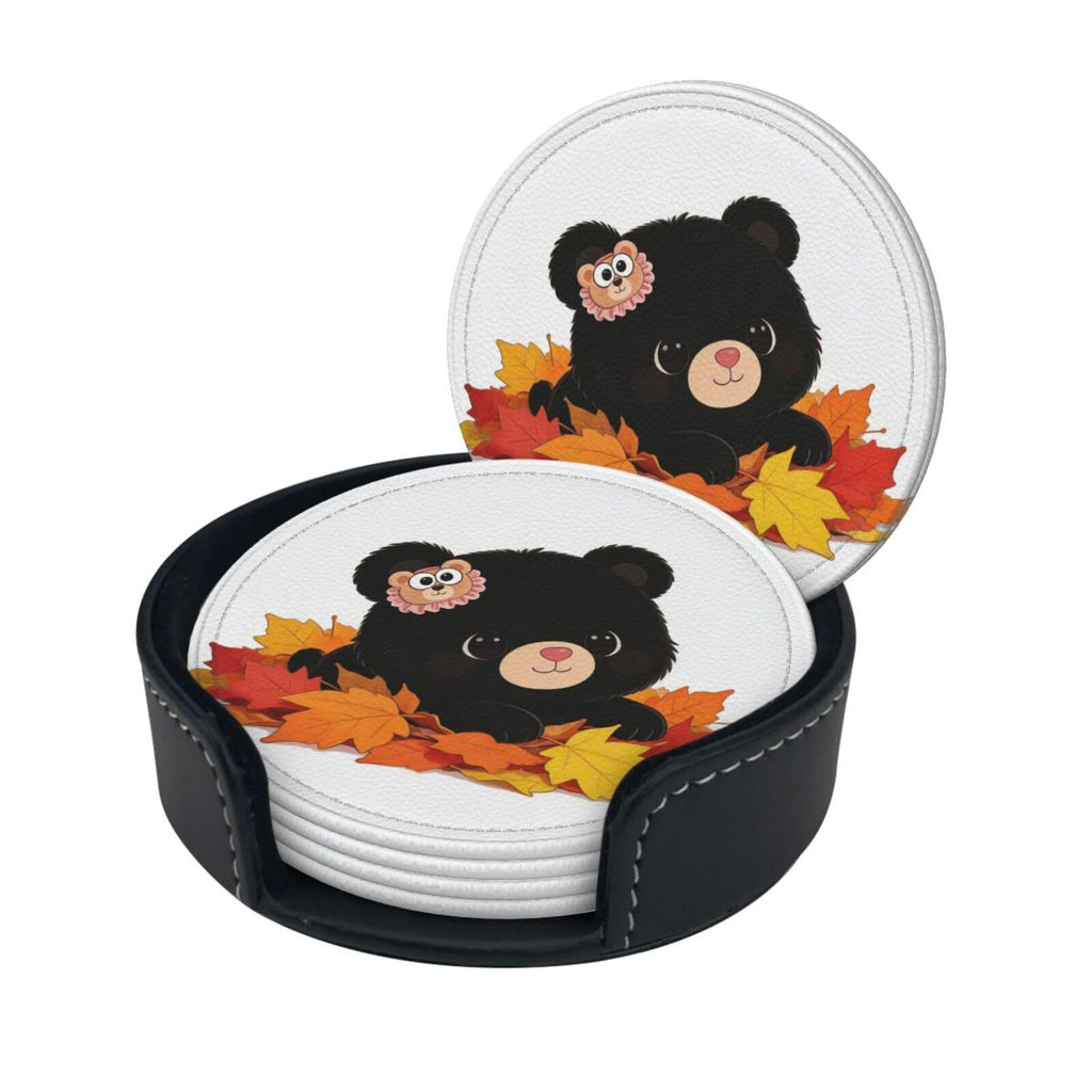 Black Bear Leather Coasters Set of 6 with Holder J24920