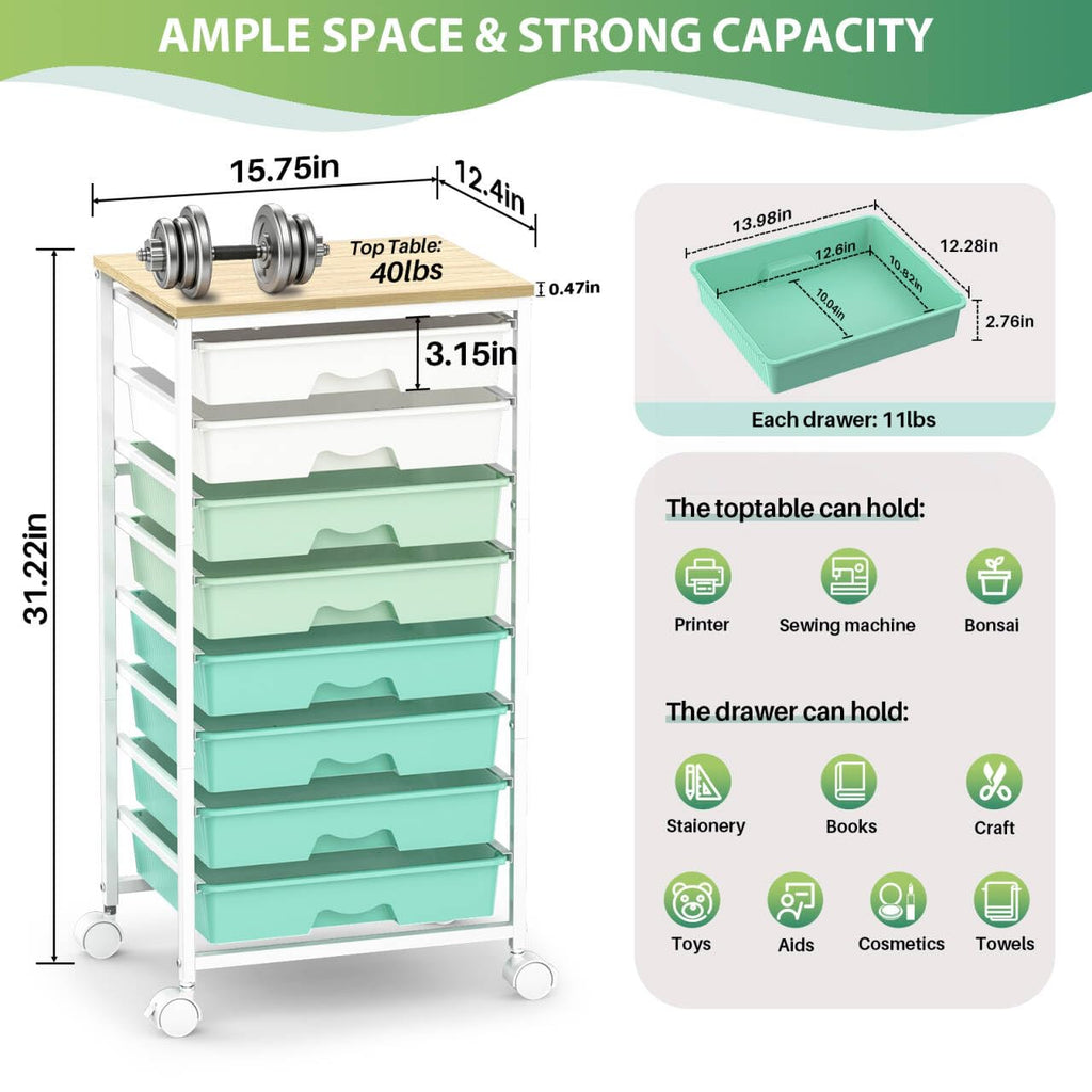 Green Rolling Cart with 8 Drawers W595089