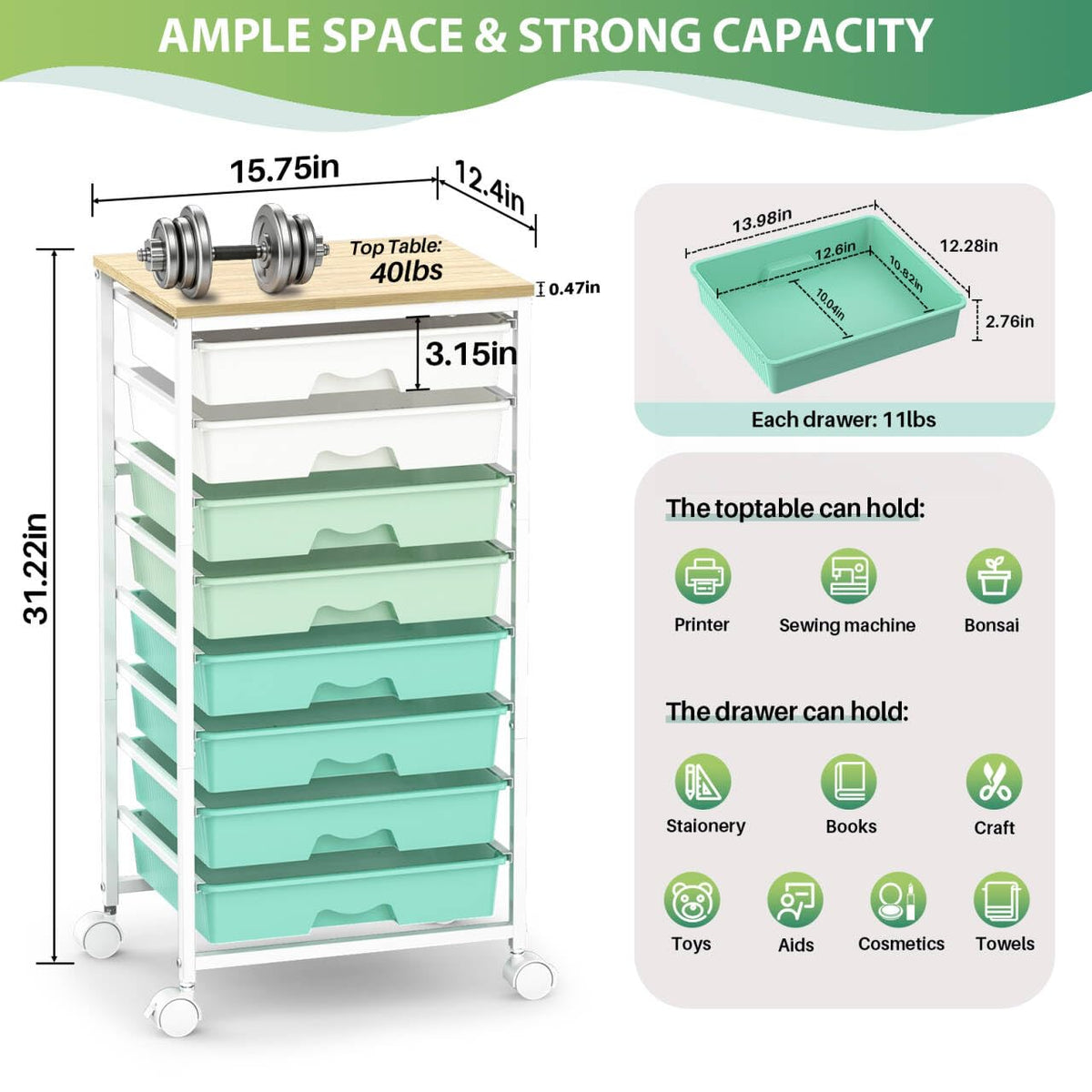 Green Rolling Cart with 8 Drawers W595089