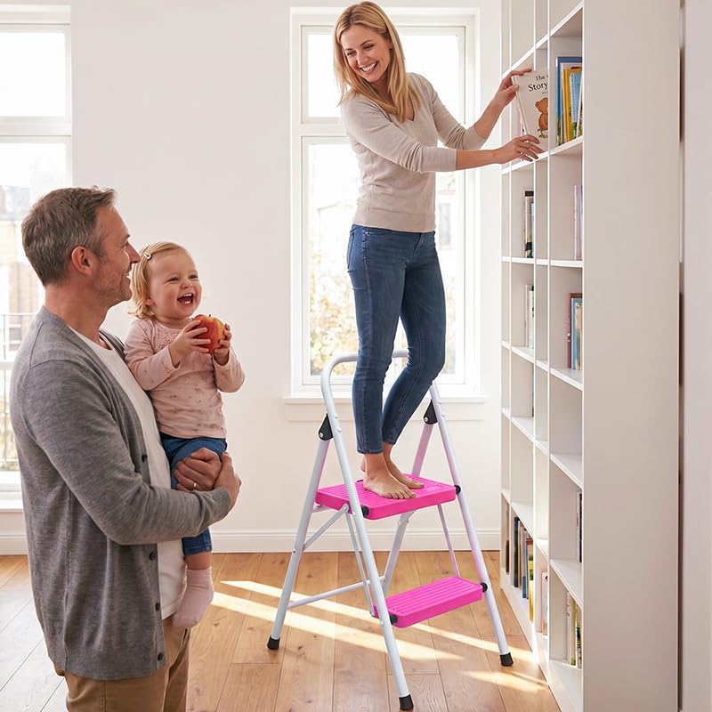 2 Step Stool Folding Anti-Slip Lightweight Steel 330LBS Pink I4751