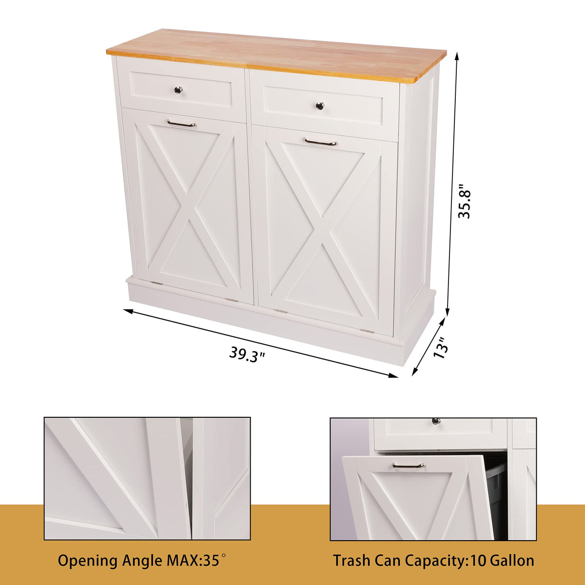 White 2 x 10 Gallon Wooden Tilt Out Trash Can Cabinet Y257
