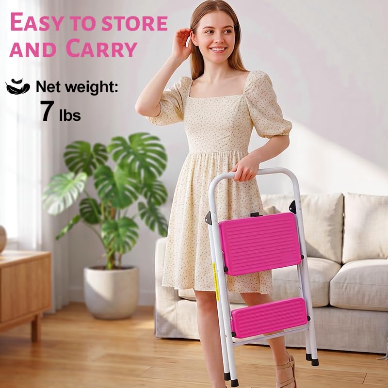 2 Step Stool Folding Anti-Slip Lightweight Steel 330LBS Pink I4751