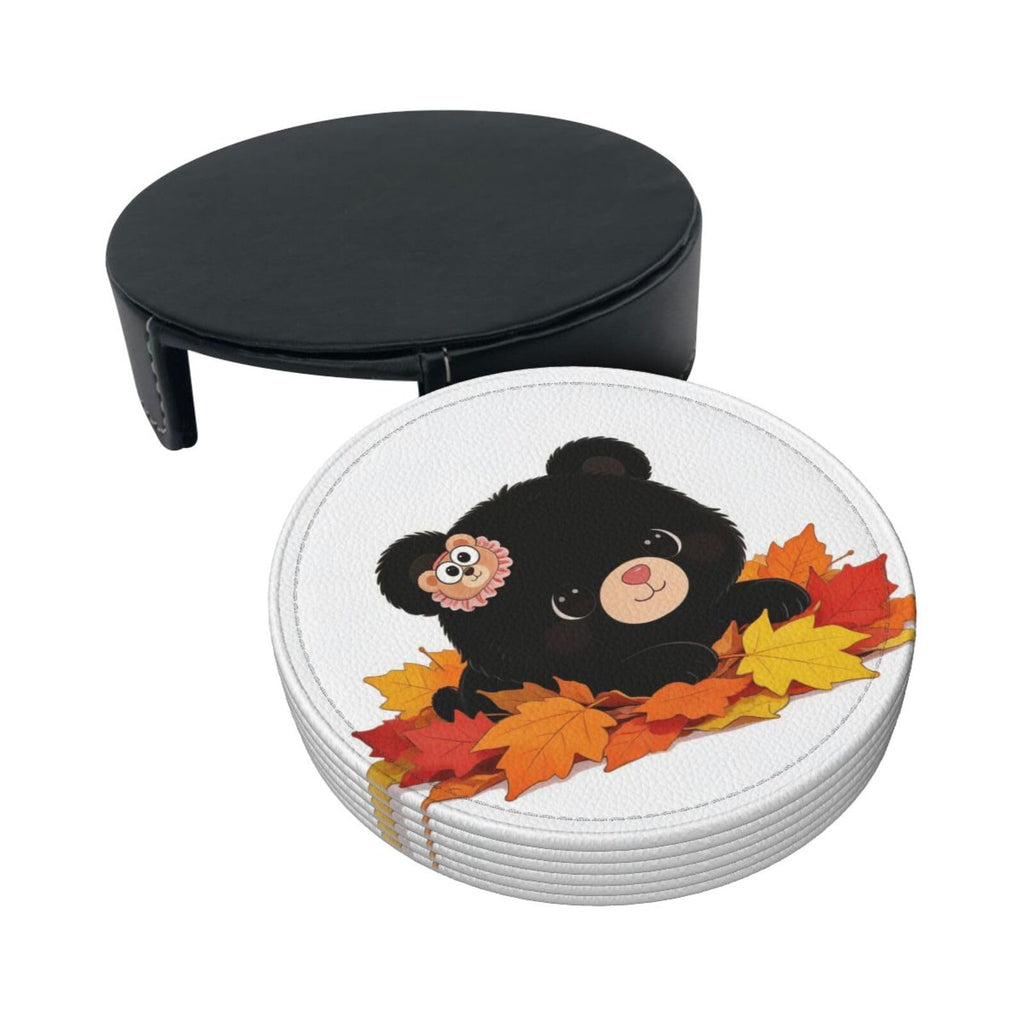 Black Bear Leather Coasters Set of 6 with Holder J24920