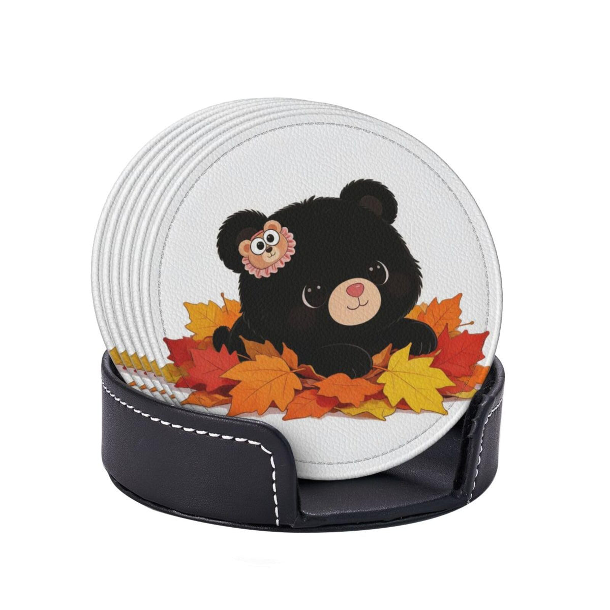 Black Bear Leather Coasters Set of 6 with Holder J24920