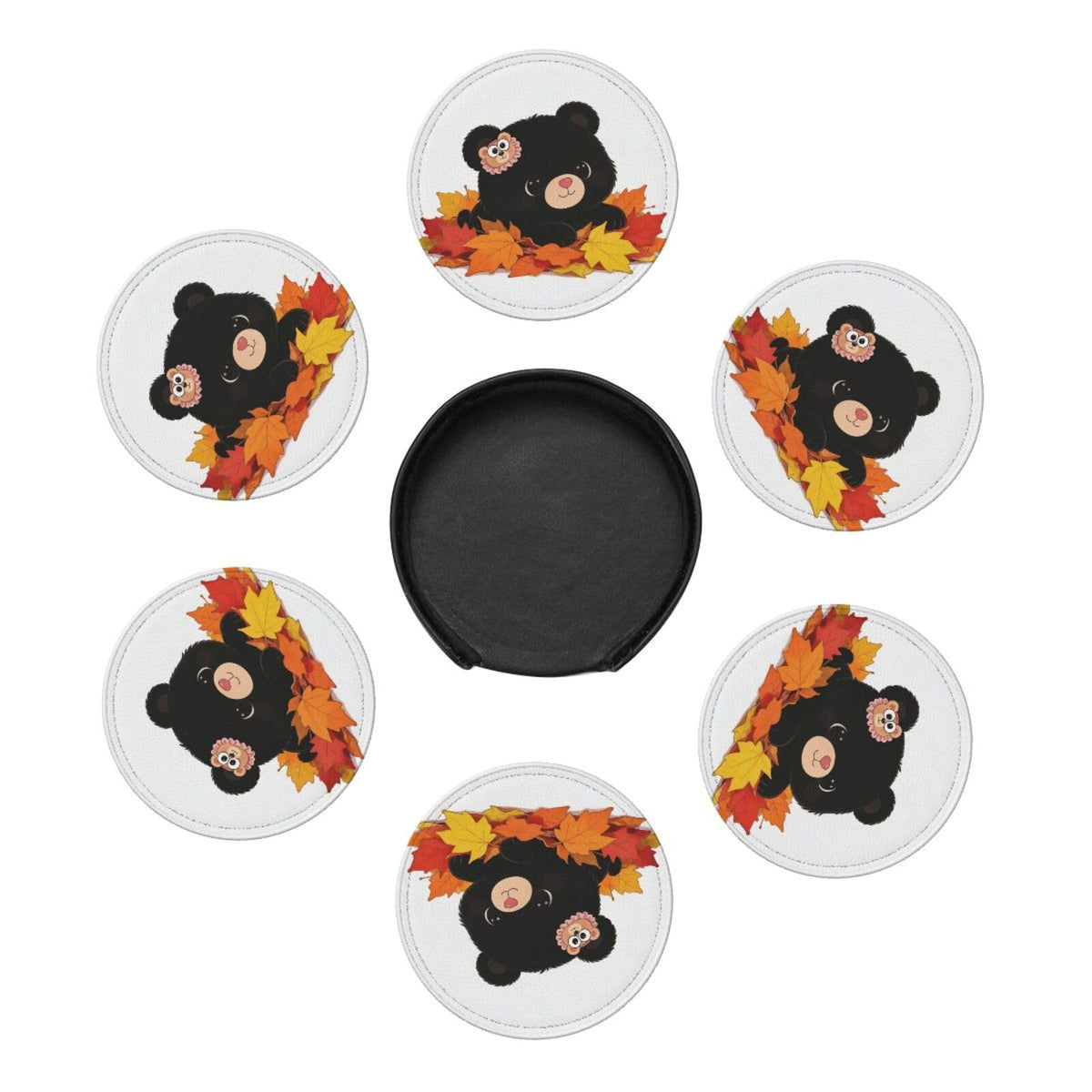 Black Bear Leather Coasters Set of 6 with Holder J24920