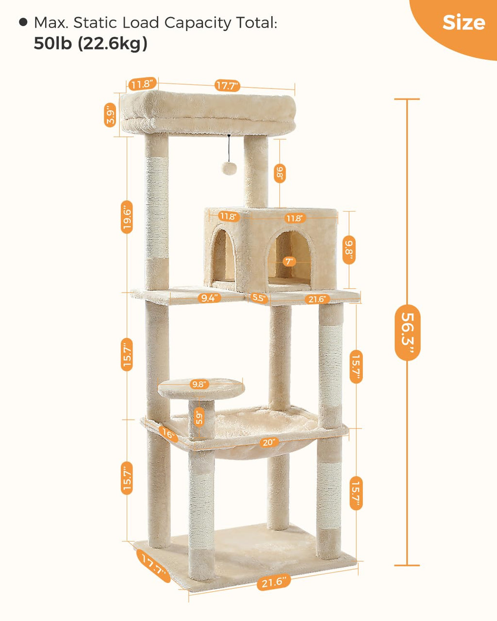 Beige 56.3" 6-Tier Cat Tree with Hammock and Condo Y745550