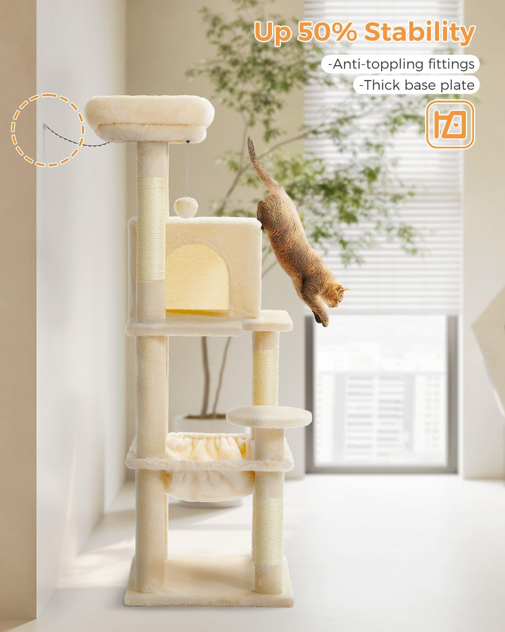 Beige 56.3" 6-Tier Cat Tree with Hammock and Condo Y745550