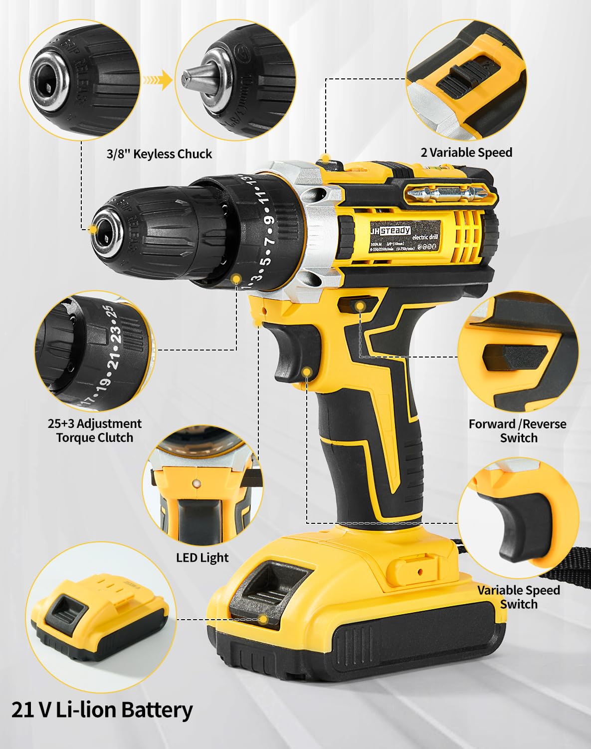 21V Cordless Drill Driver Kit with 2 Batteries & Charger F7684
