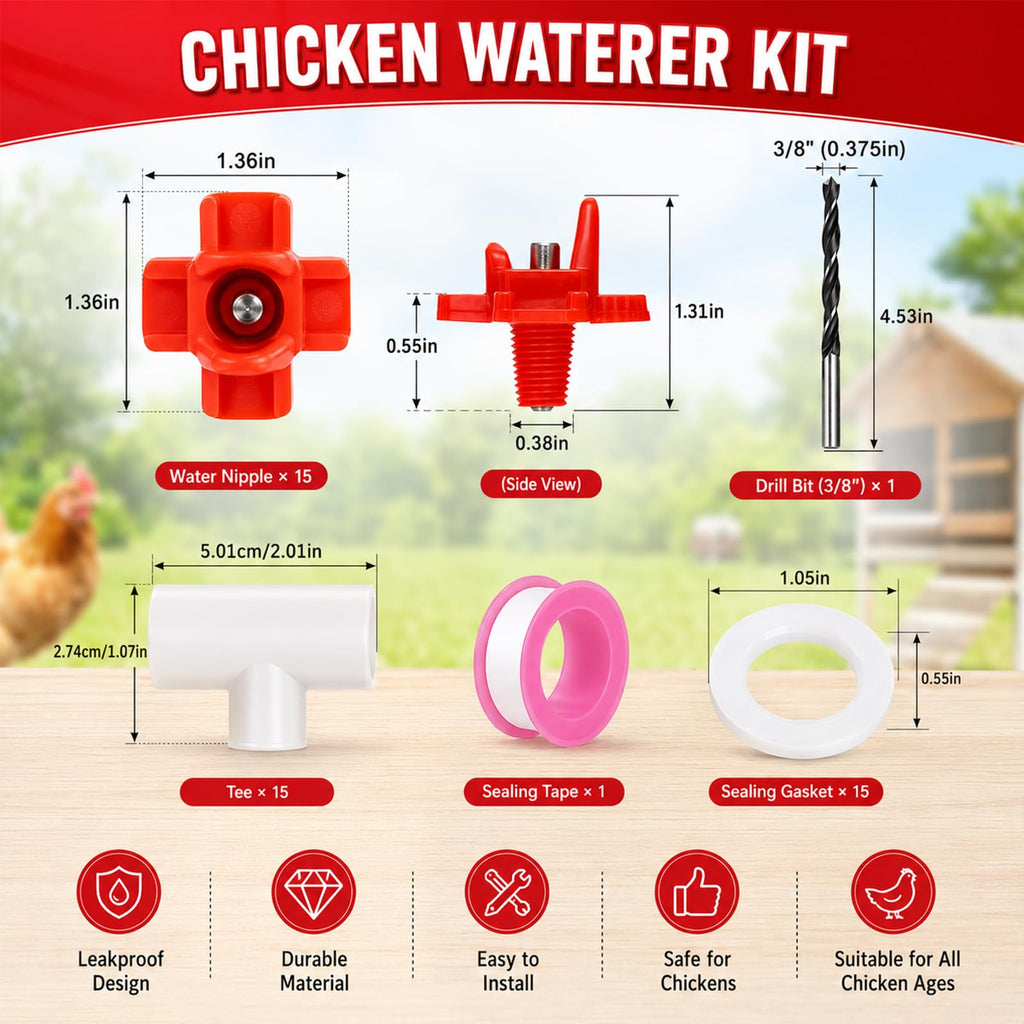 15 Pack Chicken Nipples Waterer with PVC Tee Fittings G219