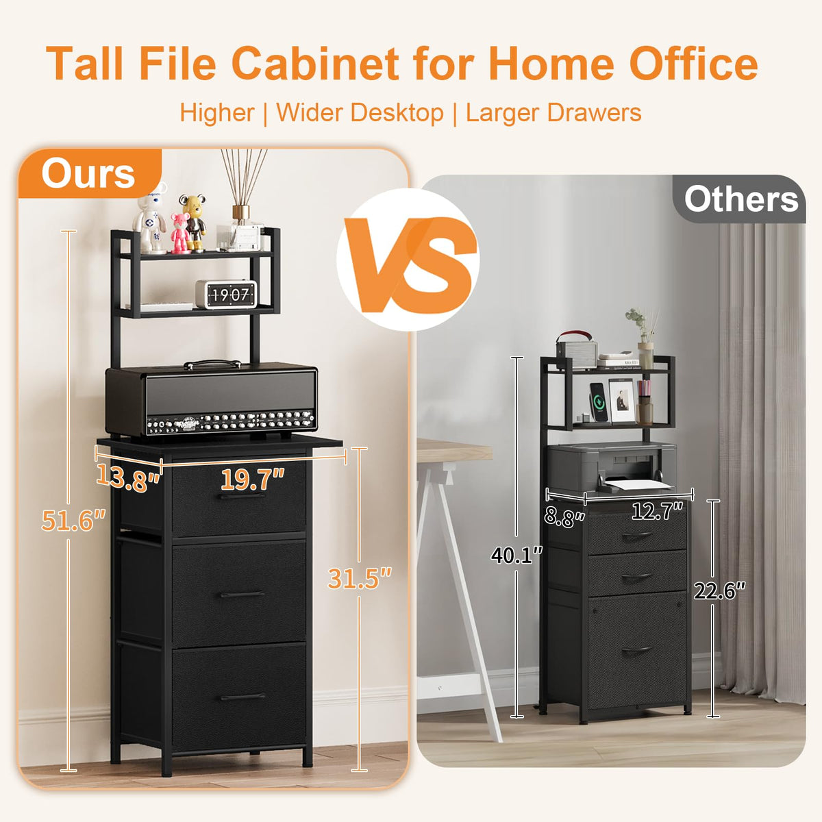 3 Drawer Tall File Cabinet with Extended Desktop, Black B126