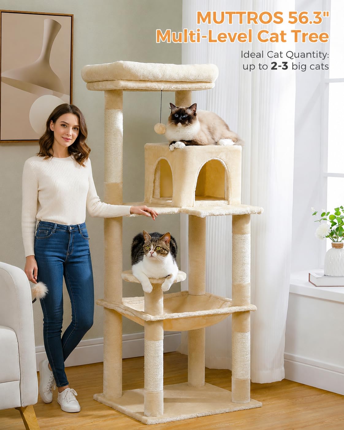 Beige 56.3" 6-Tier Cat Tree with Hammock and Condo Y745550