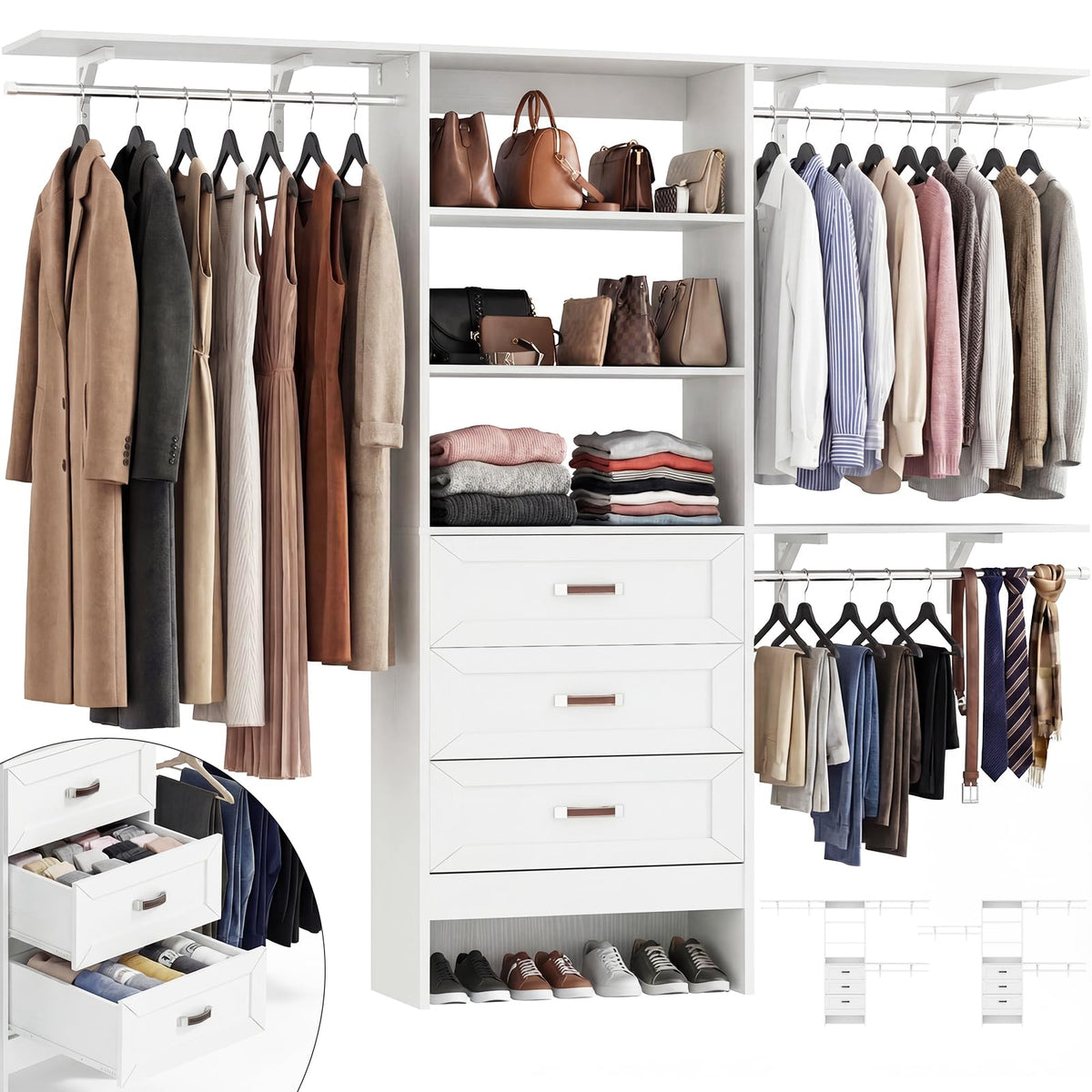 8FT White Wooden Closet System with 3 Drawers and 3 Hanging Rods P715059