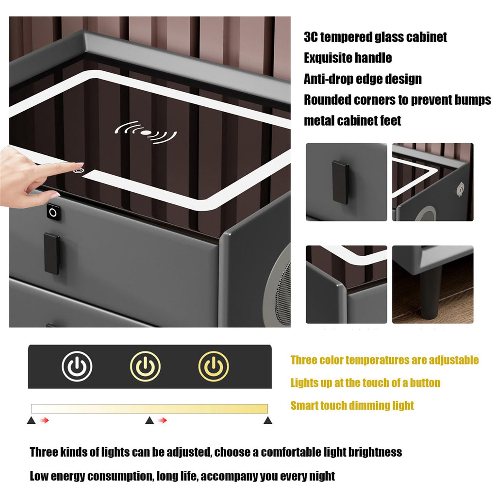 Smart Bedroom Nightstand with Fingerprint Lock and LED Lights Y42116