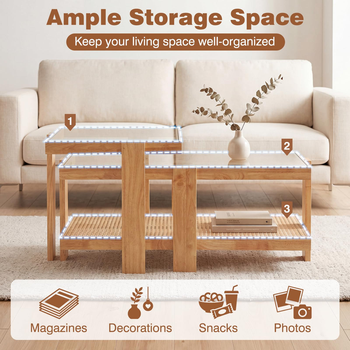 Nesting Coffee Table Set of 2 Rattan Tempered Glass R463976