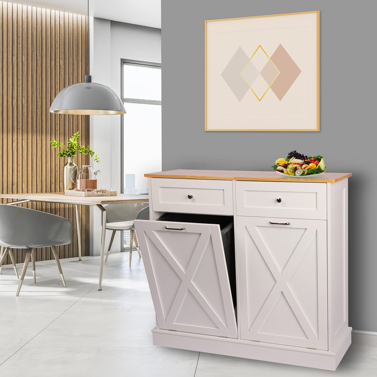 White 2 x 10 Gallon Wooden Tilt Out Trash Can Cabinet Y257