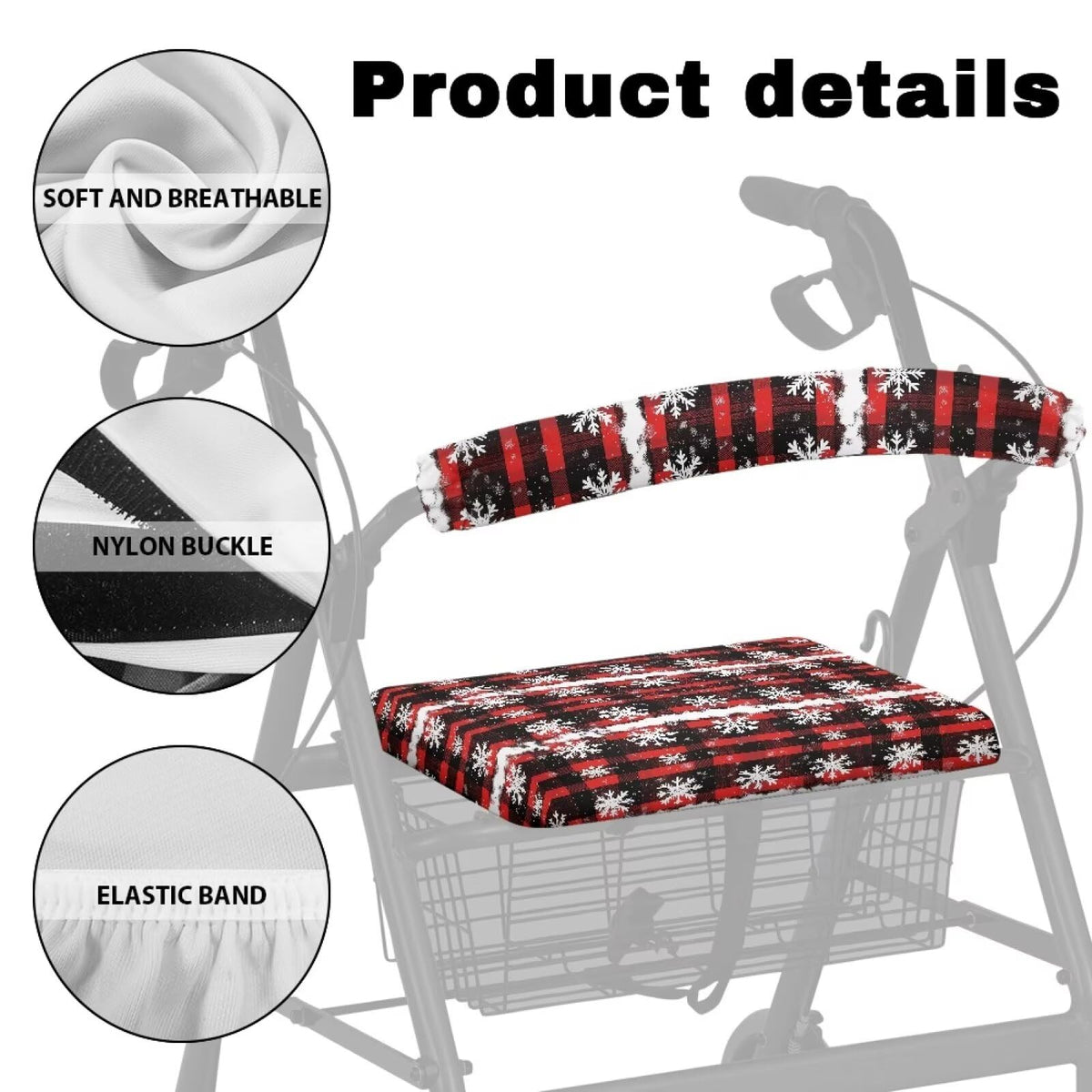 Snowflake Red Plaid Rollator Walker Seat and Backrest Cover Set N6141