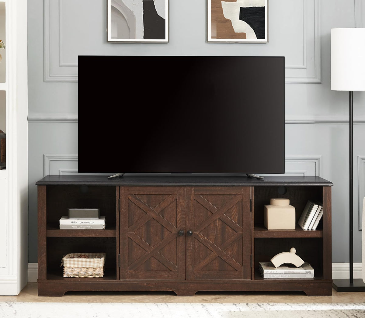 Espresso and Black TV Media Stand with Open Shelves and Closed Cabinets O82148