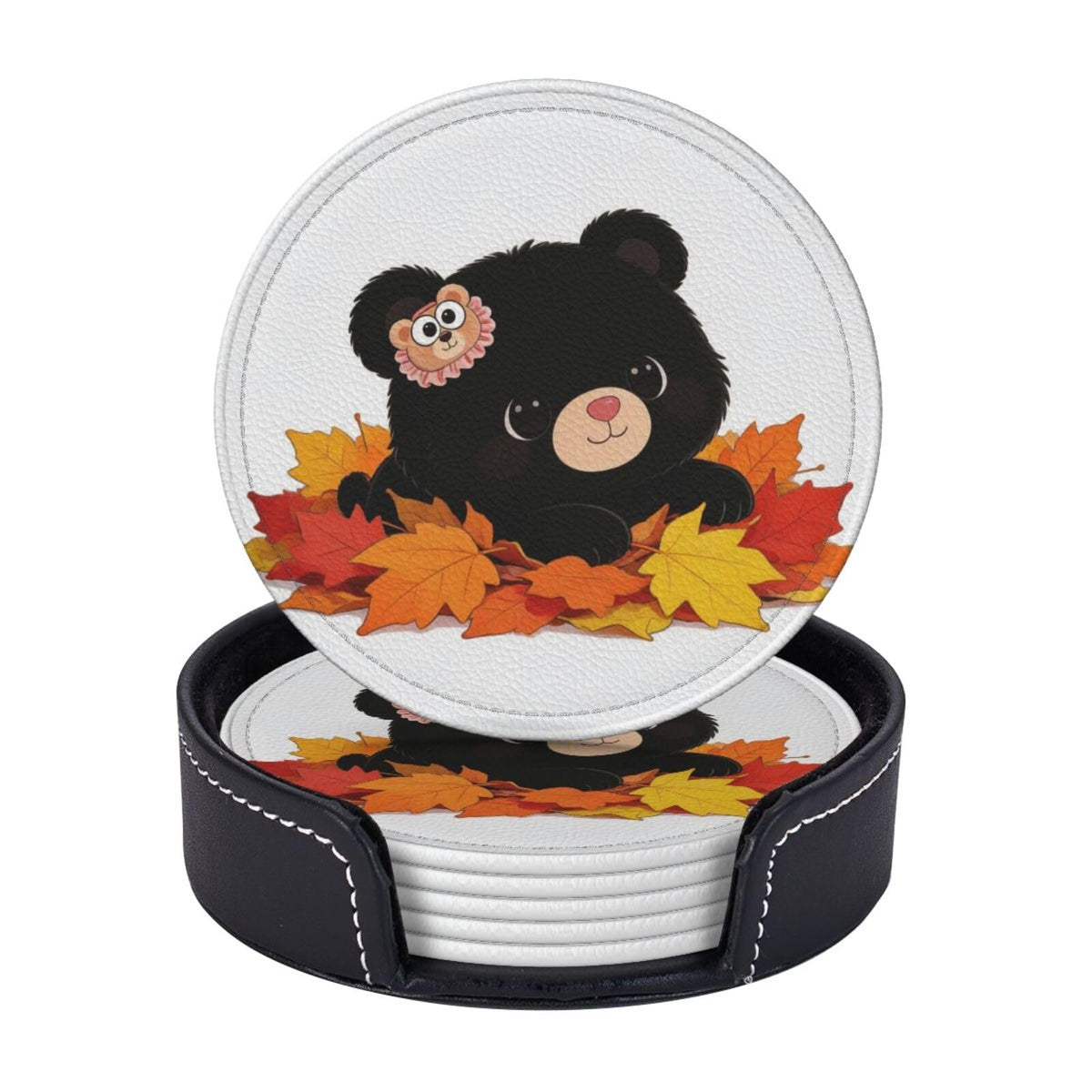 Black Bear Leather Coasters Set of 6 with Holder J24920