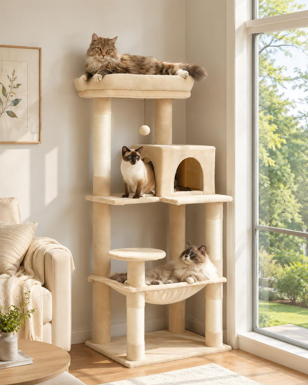 Beige 56.3" 6-Tier Cat Tree with Hammock and Condo Y745550