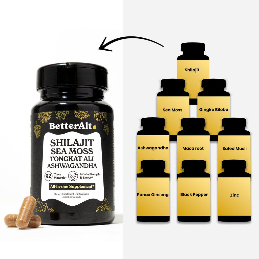 Shilajit Maca Root Ginkgo Biloba Sea Moss Ashwagandha Tongkat Ali Panax Ginseng Safed Musli & Zinc 20 Capsules Supplement L300083