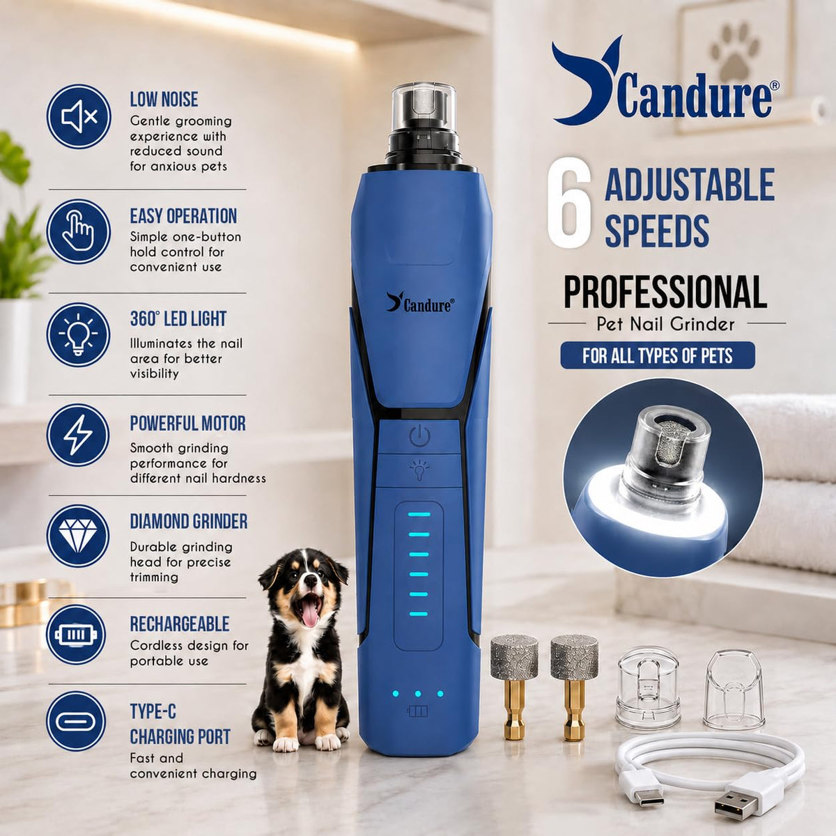Quiet Rechargeable Dog Nail Grinder with LED Light T4635