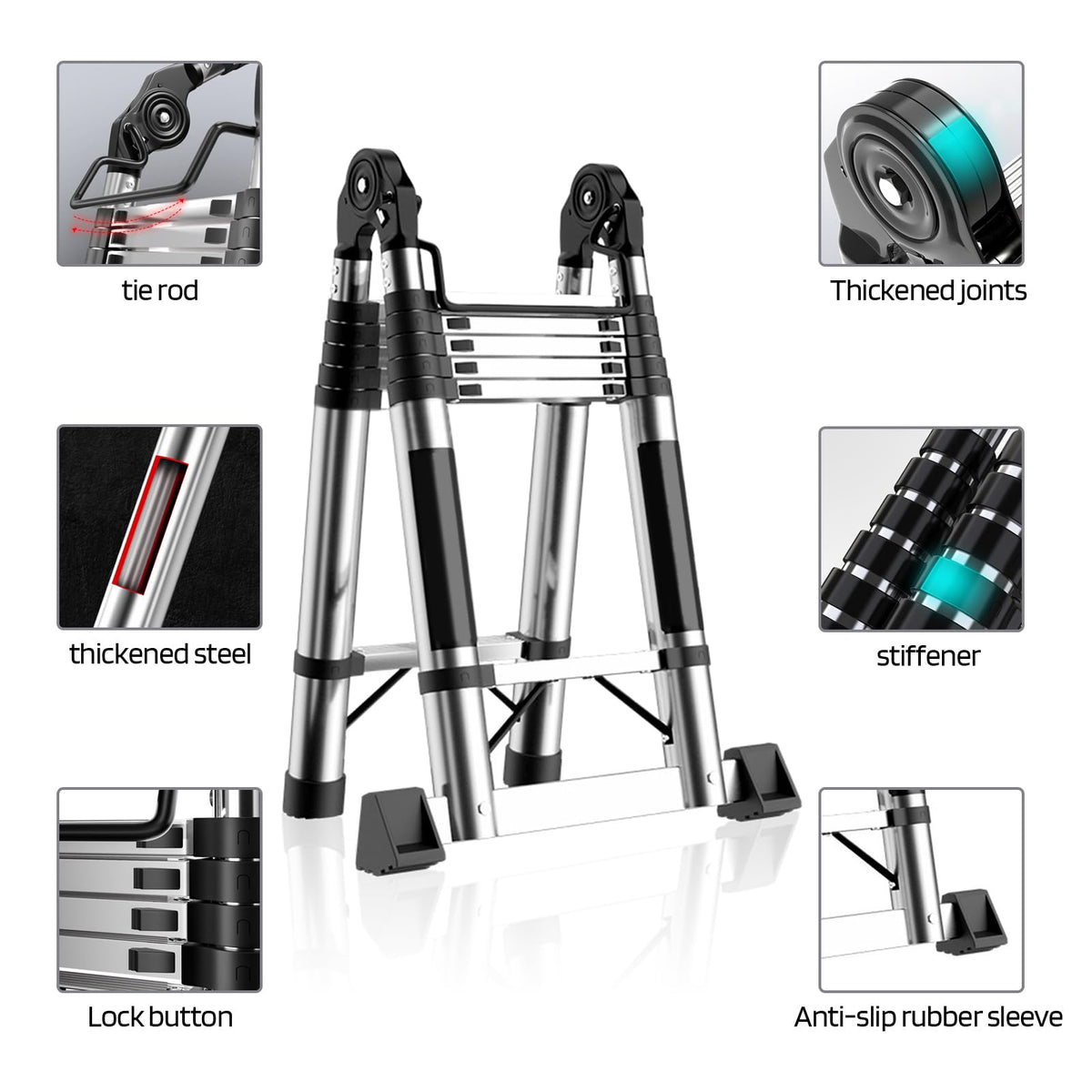 Telescoping Ladder with Locking Mechanism, Heavy Duty Aluminum 330 lbs B5018