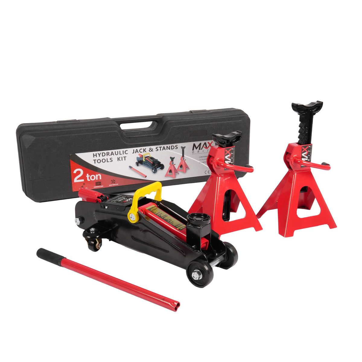 2-Ton Hydraulic Low Profile Trolley Floor Jack with Case and 1 Pair 2 Ton Jack Stands C818