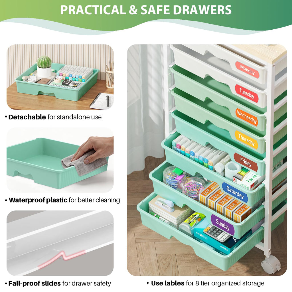 Green Rolling Cart with 8 Drawers W595089