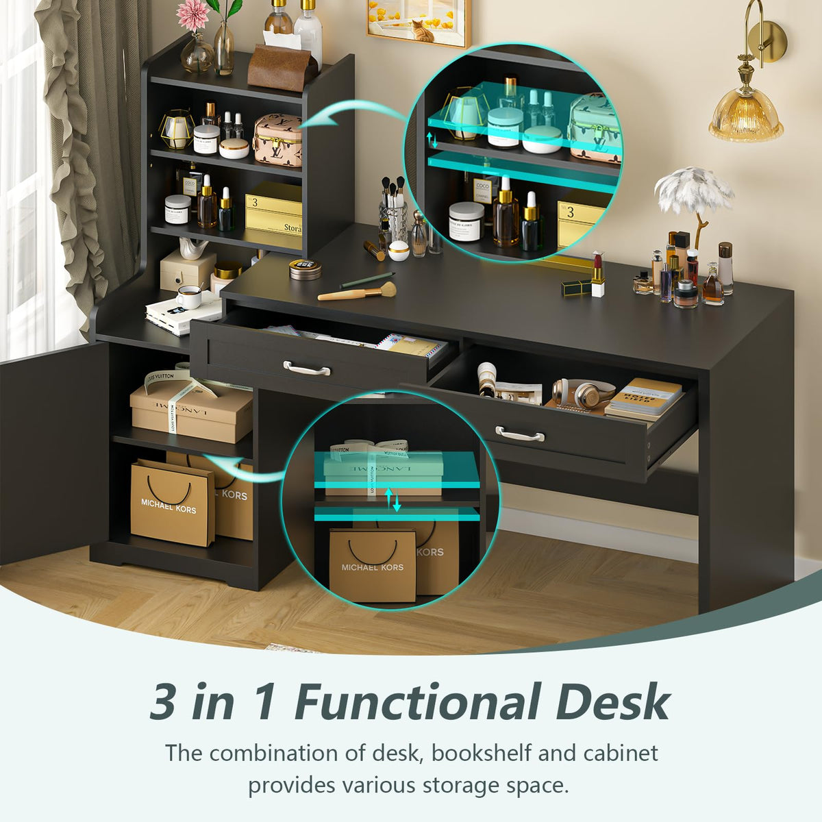 60" Computer Desk with Drawers & Bookshelves I61528