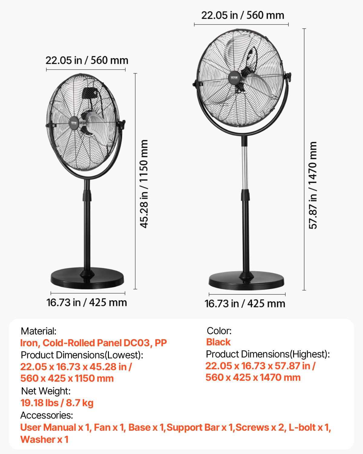 18 Inch Adjustable Height Standing Fan with 3 Speeds, Black Y95207