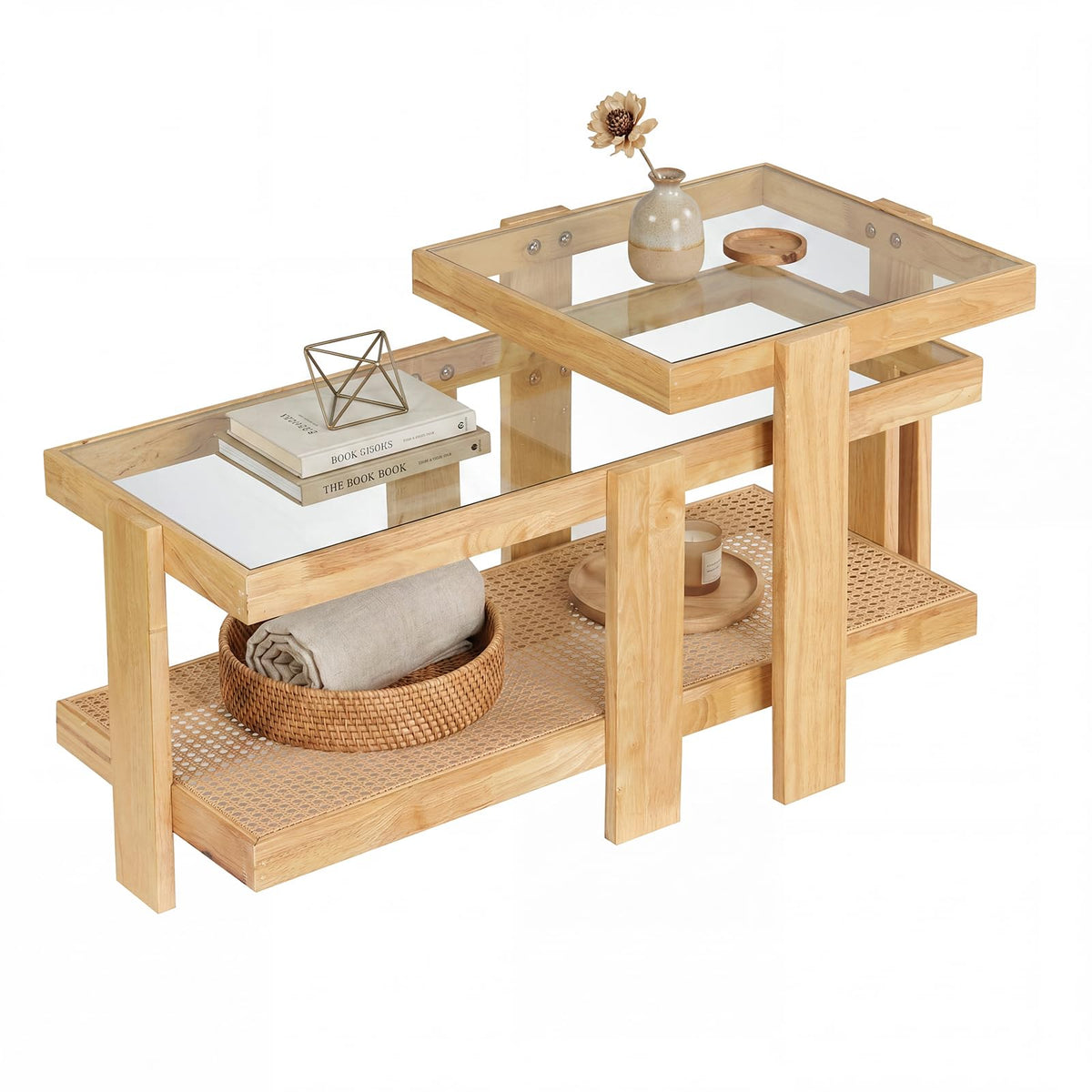 Nesting Coffee Table Set of 2 Rattan Tempered Glass R463976