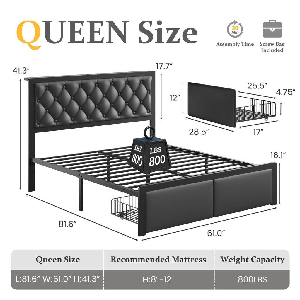 Queen Bed Frame with Upholstered Headboard and 2 Storage Drawers Y9958