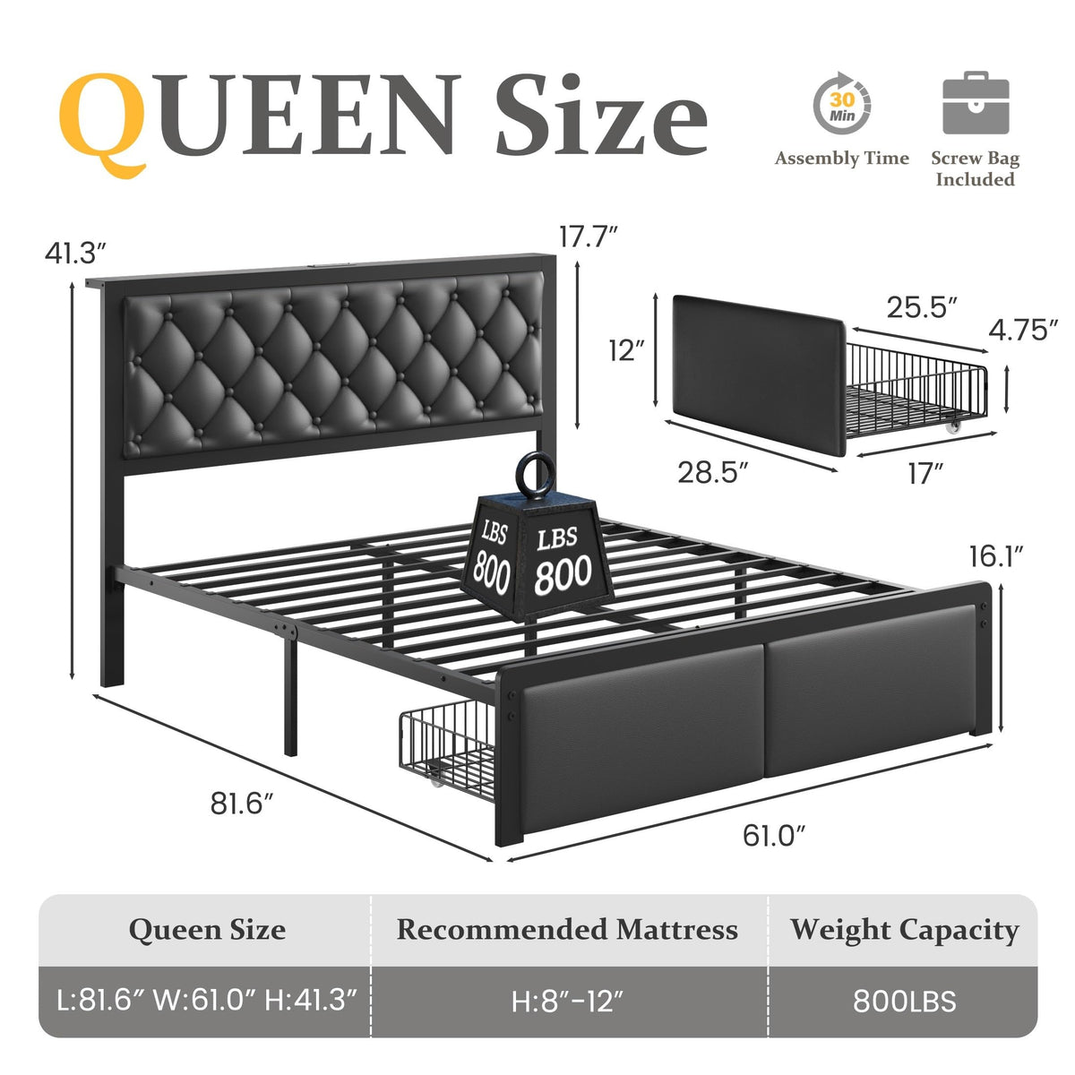 Queen Bed Frame with Upholstered Headboard and 2 Storage Drawers Y9958