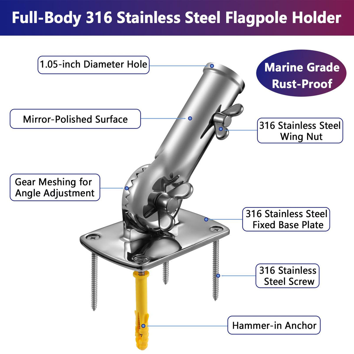 316 Stainless Steel Flag Pole Holder Bracket with Drain Hole, 1" L5326