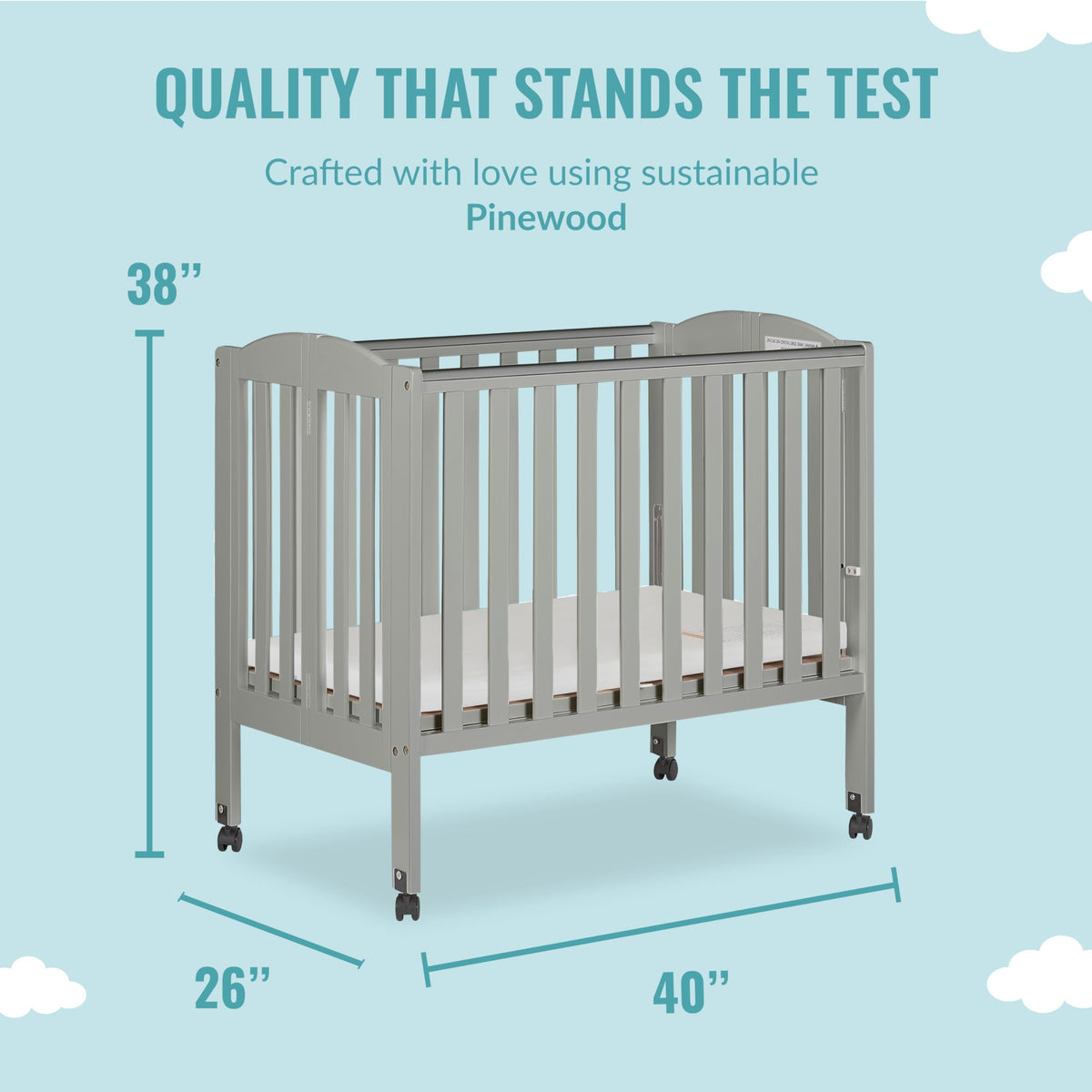 Cool Grey 2 in 1 Folding Portable Crib with 3” Fiber Mattress L25460