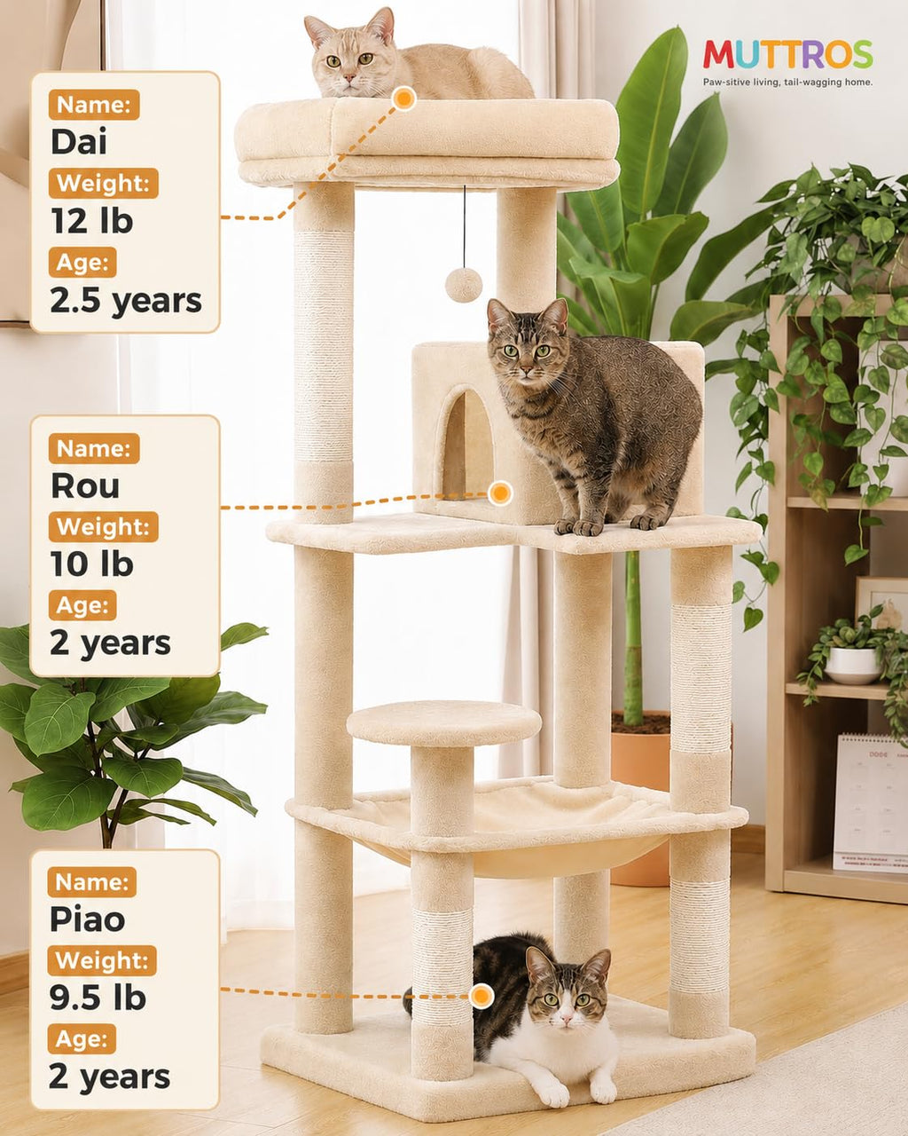 Beige 56.3" 6-Tier Cat Tree with Hammock and Condo Y745550