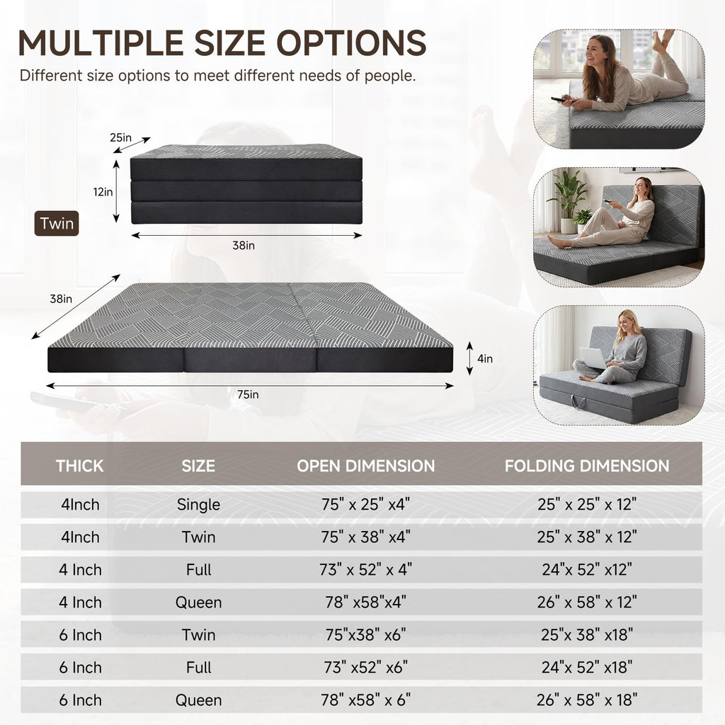 Memory Foam Tri Folding Mattress Twin Size 4 Inch T8524