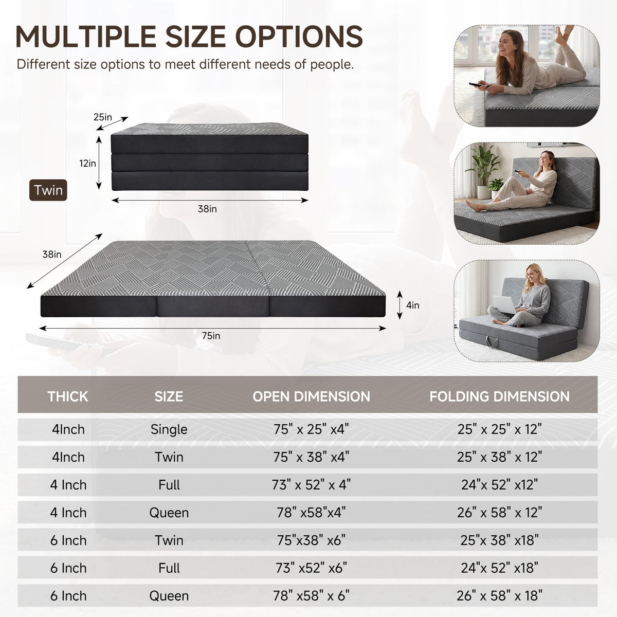 Memory Foam Tri Folding Mattress Twin Size 4 Inch T8524