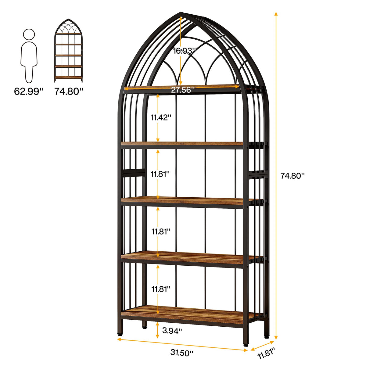 5-Tier 74.8-Inch Tall Curved Wood Bookshelf with Metal Frame G660786
