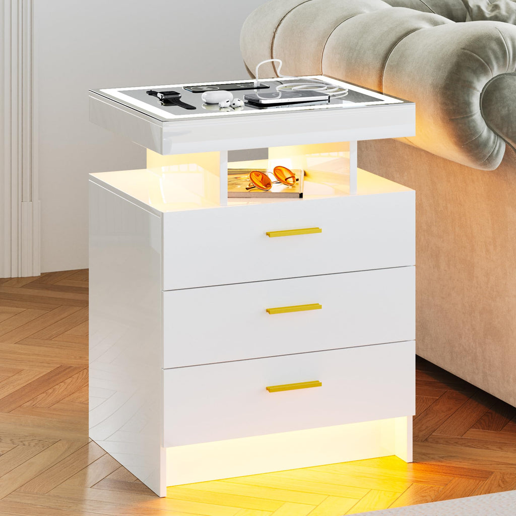 White LED Nightstand with Wireless Charging Station Q8368