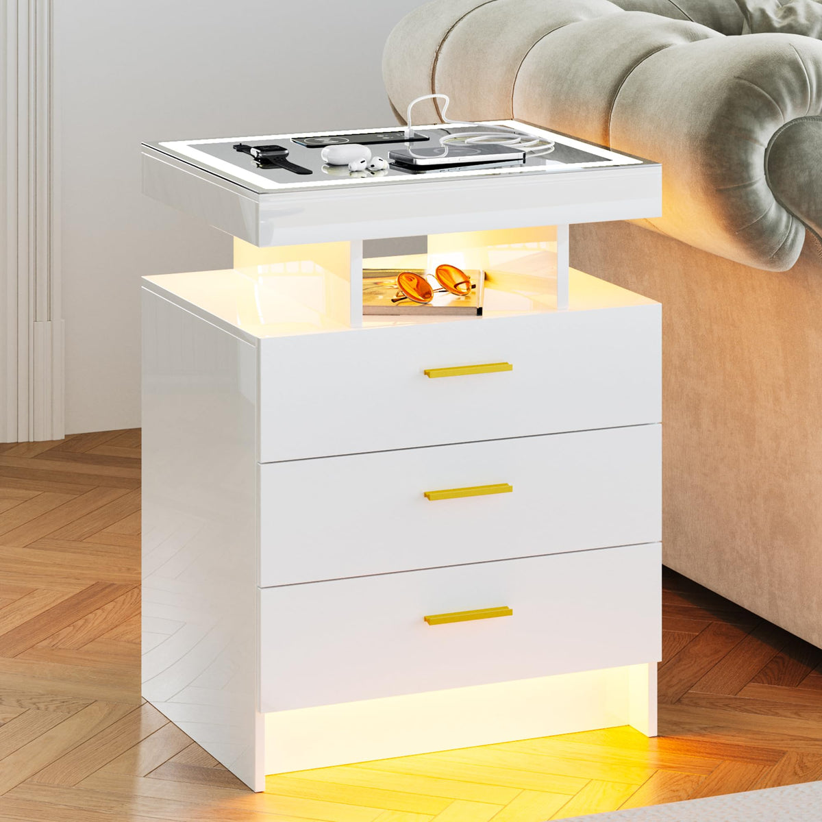 White LED Nightstand with Wireless Charging Station Q8368