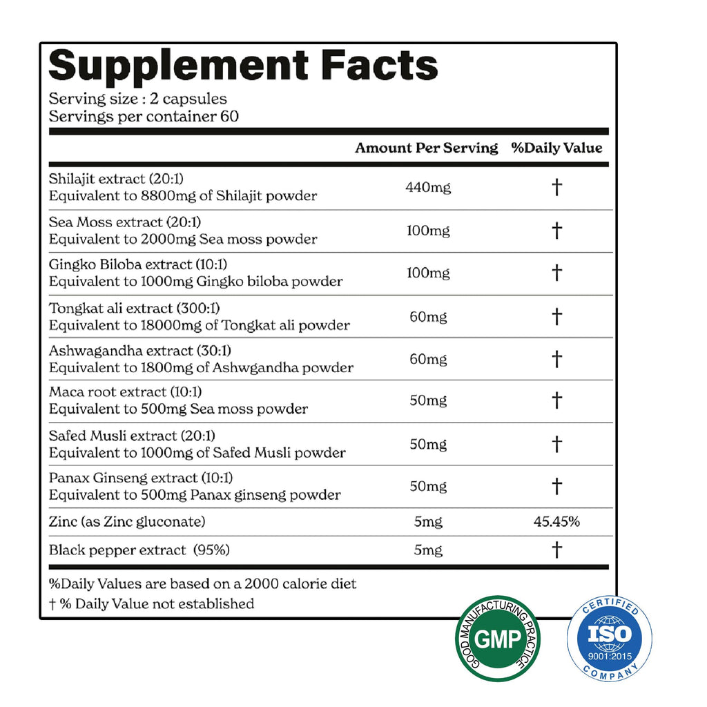 Shilajit Maca Root Ginkgo Biloba Sea Moss Ashwagandha Tongkat Ali Panax Ginseng Safed Musli & Zinc 20 Capsules Supplement L300083