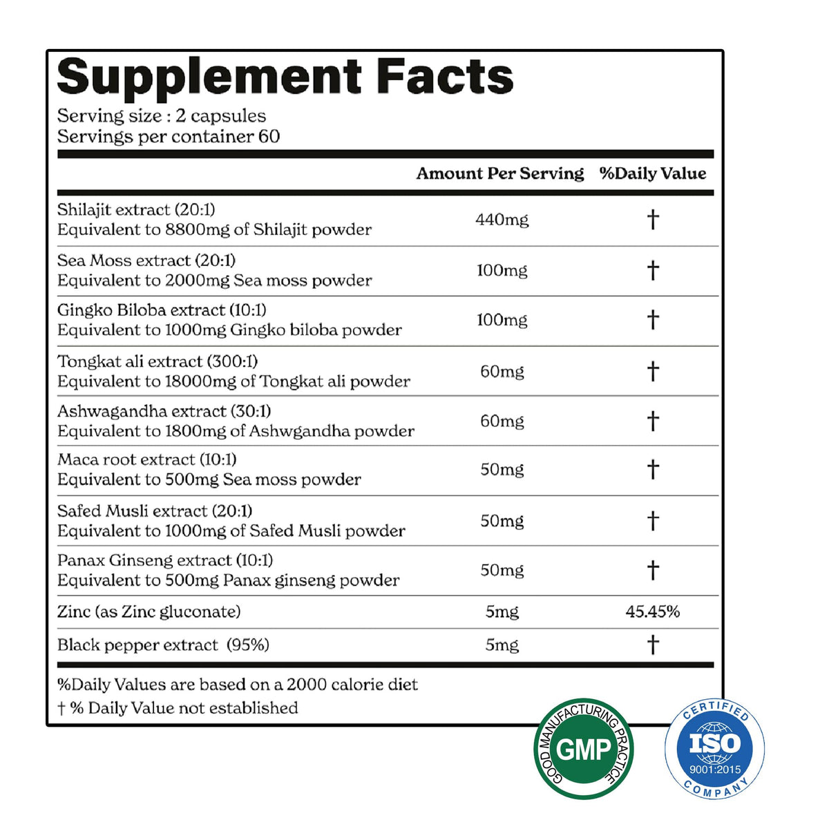 Shilajit Maca Root Ginkgo Biloba Sea Moss Ashwagandha Tongkat Ali Panax Ginseng Safed Musli & Zinc 20 Capsules Supplement L300083